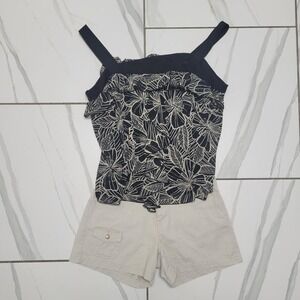y2k Black and white floral tank top with spaghetti straps and ruffle detailing